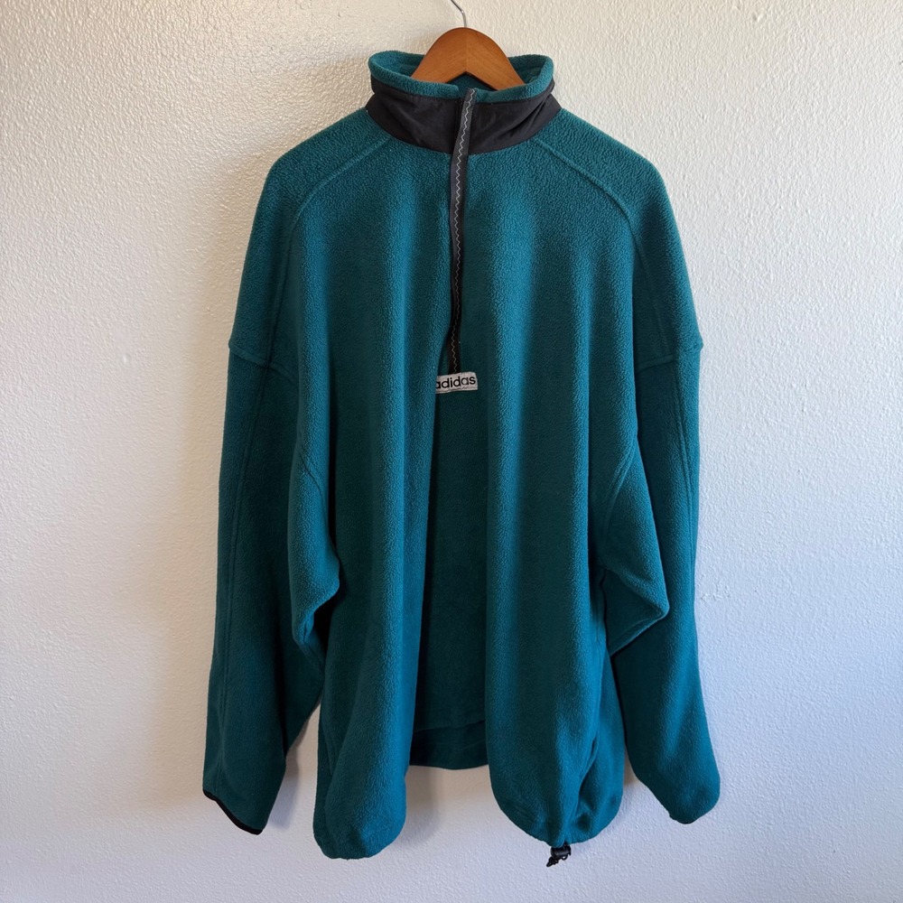 Vintage 90s Adidas Size Large Teal Fleece Pullover Jacket Half Zip Center Logo